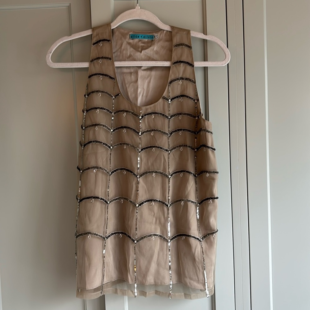 Alice + Olivia sequin silk beaded top with overlay, size M